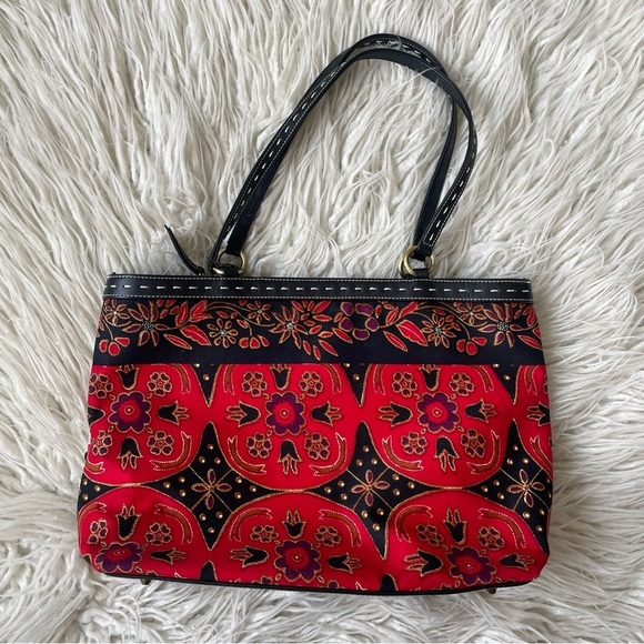 Isabella Fiore Beaded Sequined Paisley Cloth Leather Trim Black Red Shoulder Bag - Picture 2 of 12